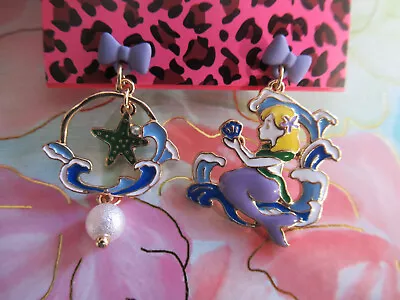 Betsey Johnson Cute Purple Enamel Mermaid Round With Pearls Dangle Earring New • $6.95