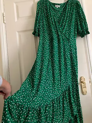 Monsoon Green With Polka Dot Print Faux Wrap Jersey Midi Dress Size L 16 • £14.95