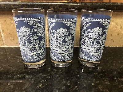 Royal (USA) Currier Ives Blue 12 Oz. Tumbler Old Grist Mill 3 Vintage Glasses • $25