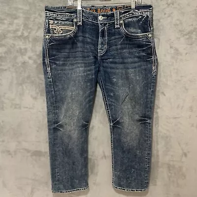 Rock Revival Jeans Men 40x28  Ece  Leather Insert Alt Straight Blue Denim Hemmed • $79.99