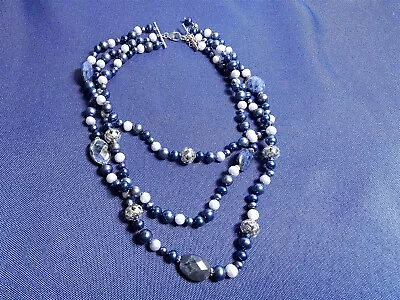 Grandma Grabe's Vintage 925 Sterling Silver 3 Strand Blue Pearl Crystal Necklace • $4.22