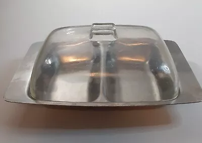 Vintage Hull 18/8 Stainless Steel Double Butter Dish With Plastic Lid • $9.40