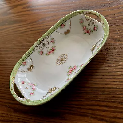 VTG Floral Porcelain Trinket Jewelry Vanity Dish Gold Green Pink Hand Painted • $12.99