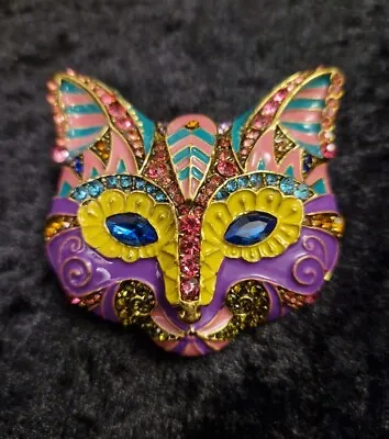 Large Enamel Cat Head Mask Brooch Pink Purple Heavy Vintage Inspired  • £5.99