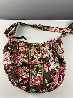 Vera Bradley English Rose Floral Cross Body Hobo Purse Bag Brown Pink Quilted • $15.12