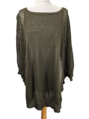 Woolovers Ladies Jumper Green Size 12 Oversized Slouch Linen Crochet Batwing • £27.96