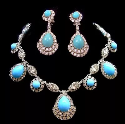 CINER Teardrop Turquoise Cabochon & Pave Crystal Pendant Necklace Earrings • $975