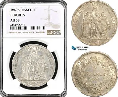 AG959 France Second Republic Hercules 5 Francs 1849 A Paris Mint NGC AU53 • $169