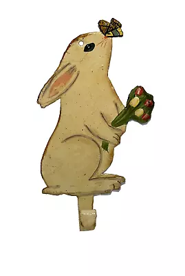 Hand Painted Beige Metal Bunny Rabbit Single Hanging Wall Hook Spring Tulips • $14.99