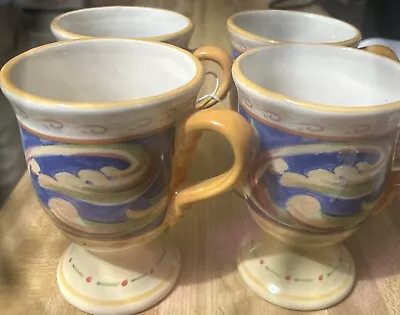 Set Of 4 Pfaltzgraff Blue Band ~Villa Della Luna Pedestal Ceramic Coffee Mug • $12