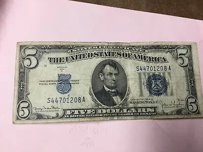 1934 Five Dollar  Silver Certificate $5 Bill Blue Seal Note 1 Note • $9.99