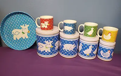 Vintage COUNTRY CALICO Kitchen Accessories 4 PC Tin CANISTERS Mugs Tray COW Pig • £71.35