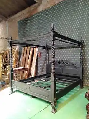 UK STOCK 5' UK King Size Gothic Black Queen Anne Four Poster Mahogany Bed Frame • $1863.78