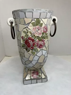 Vintage Mosaic Tiles Round Planter Vase Pink Roses Design 11 1/4” Handcrafted • $45