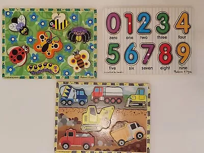 Lot Of 3 Melissa & Doug Wooden Puzzles Alphabet Insects Trucks Easy Lift Knobs • $12.99