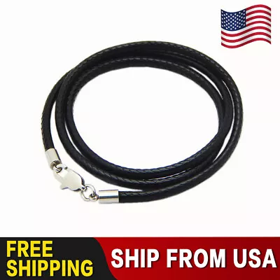 Black Woven Necklace Rope Leather Cord Stainless Steel Men Women Lobster Clasp • $4.48