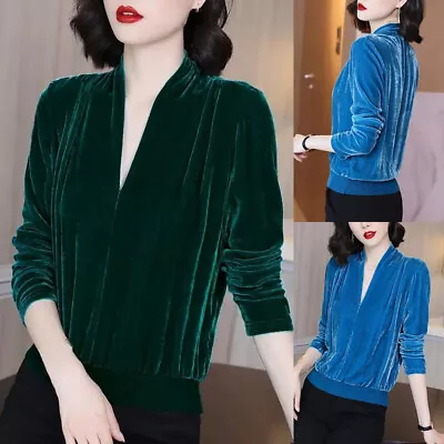 Women Velvet Shirt Business V-neck Tops Blouse Long Sleeve Pullover Elegant • £18.23