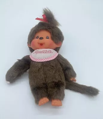 Vintage Monchhichi Girl Monkey Pink Bib Pacifier Thumb Sucking Red Bow Plush 8  • $18.36