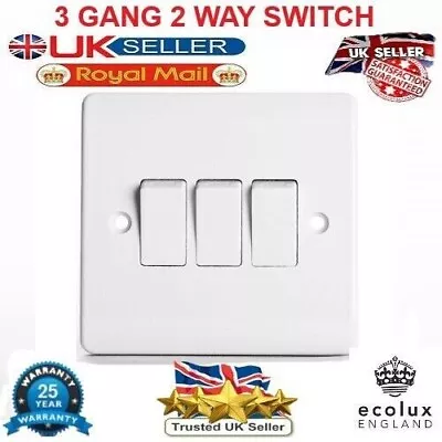 3 Gang Light Switch 2 Way White Plastic 10Amp Single Light Switch With Screws • £3.85