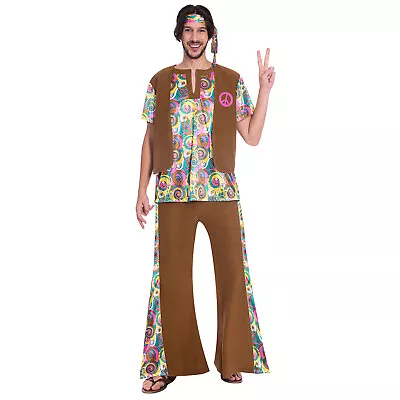 Mens 1960s Hippie Costume Psychedelic 70s Hippy Groovy Adult Fancy Dress Outfit • £15.95