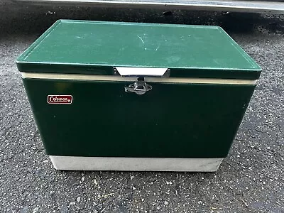 Vintage Coleman Green White Metal Cooler Ice Chest Camping Tailgate Beach 1970s • $79.99