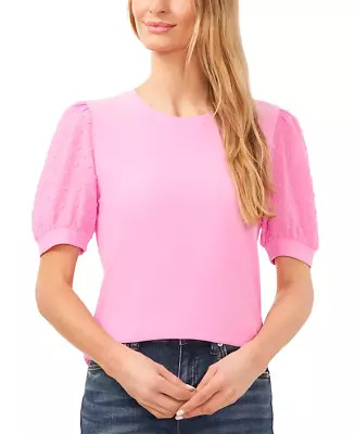 NWT Cece Women's Short Puff-Sleeve Mixed Media Knit Top US/L Pink • $19.99