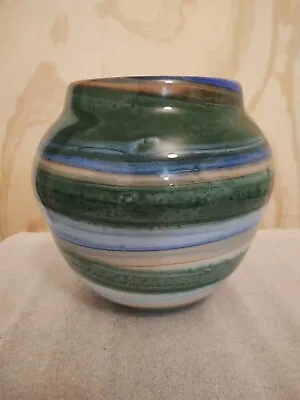 Signed Vitrix Hot Glass Studios Glass Vase Blue Green 1979  • $49