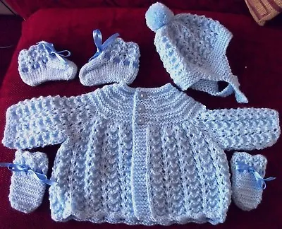 HAND KNITTED BLUE BOYS MATINEE SET 2 Sizes • £19.50