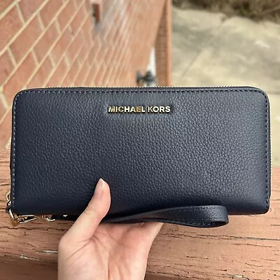 MICHAEL KORS Travel Continental Leather Wallet/Wristlet In Admiral Navy/Gold NWT • $55.95