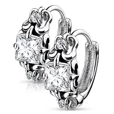 Womens Victorian Style Cubic Zirconia 316L Stainless Steel Hoop Huggie Earrings • $12.99