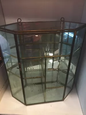 Vintage Brass Glass Curio Cabinet W/ Shelf Door Latch Hexagon Display Etched • $90