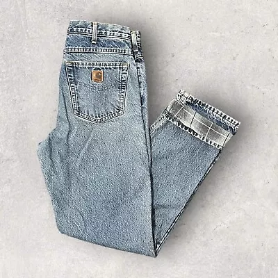 Vintage Carhartt B21DST Flannel Lined Blue Denim Jeans Mens 33x34 • $30