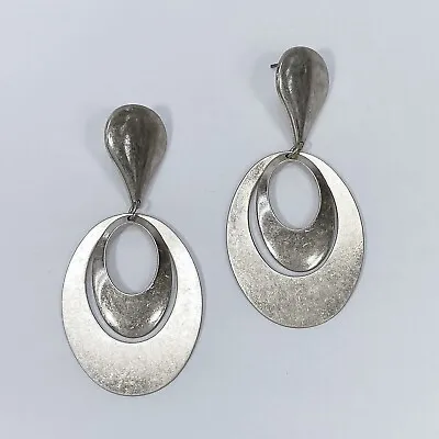 Simple Matte Silver Colored Metal Double Oval Shape Drop Dangle Post Earrings • $8.89