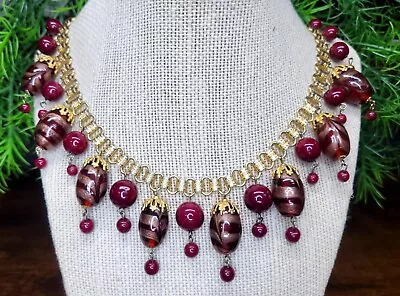 MIRIAM HASKELL Style Bookchain Art Glass Dangle Necklace Burgundy Copper Floss • £10.85