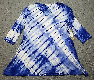 Erin London Blouse Womens L Decked Out Tunic Blue White Tie Dye 3/4 Sleeve New • $25.49