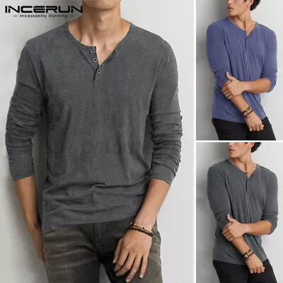 £11.99 • Buy Mens Long Sleeve Grandad T Shirt 100%Cotton V-Neck Shirt Henley Top Blouses Tee