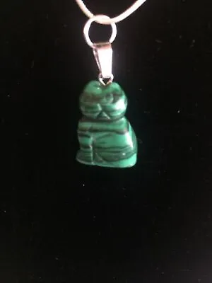 Cat Carved Pendant Green Malachite 18” Silver Plated Chain • £7.50