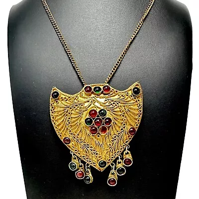 Vintage Brass Necklace Shield Shaped Pendant Red And Green Glass Beads India • $36.81
