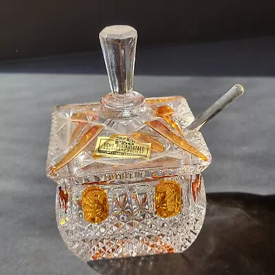 Echt Bleikristall Gepresst Lead Crystal Amber Jelly/Sugar Jar Bowl W/ Lid Spoon • $19.99