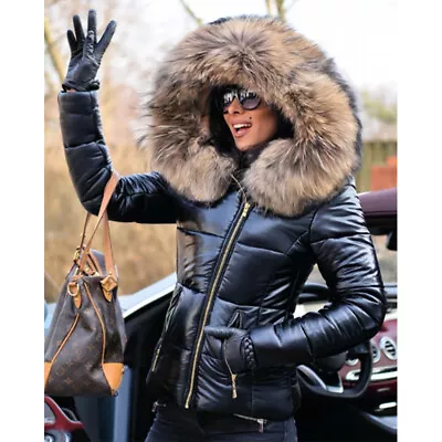 Women's Quilted Padded Parka Short Fur Hooded Coat Jacket Winter Warm Coat • £24.99