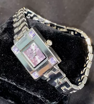 Mark Naimer Silver Tone Rectangle Watch W/Purple Crystals & Purple Face Quartz • $17.99