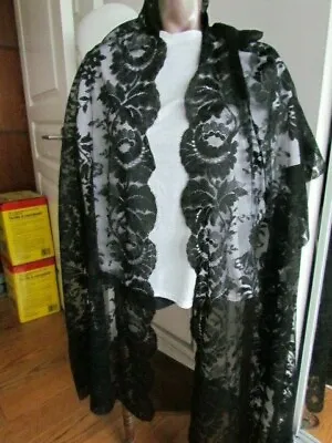 Black Floral Lace Mantilla Antique Church Scarf Wrap Mourning Oblong Spain • $96.06