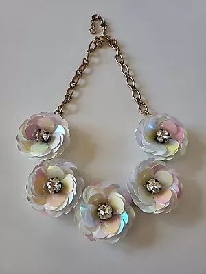 J. Crew White Iridescent Sequin Flower Rhinestone Gold Tone Chain Necklace W/bag • $58.99