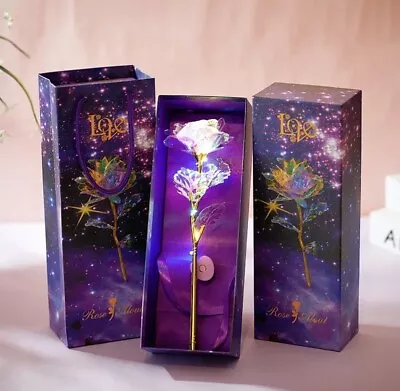 $9.99 • Buy Galaxy Rose Flower LED Luminous Enchanted Gold Stem Valentines Day Mom Wife Gift