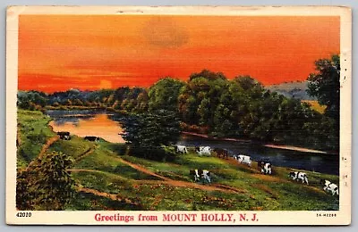 Greetings Mount Holly New Jersey Birds Eye View Cattle Cows Linen VNG Postcard • $7.99