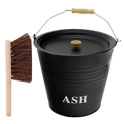 New 12L Metal Ash Bucket With Lid & Brush Fireplace Container Litre Coal Bin • £14.95