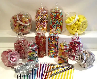 12 Various Plastic Sweet Jars 100 Bags 2 Scoops 2 Tongs DIY Candy Buffet • £20.49