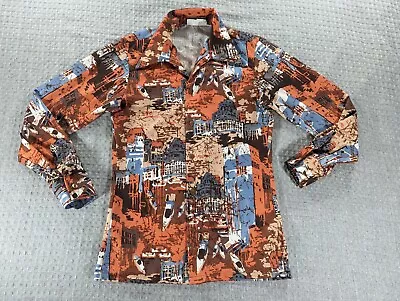 Vintage K-Mart Shirt Adult Small Brown City Print Disco Collar Polyester Stretch • $33.99