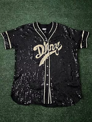 Vintage DKNY Donna Karan New York Silk Sequins Baseball Jersey Size S Rare 90s • $225