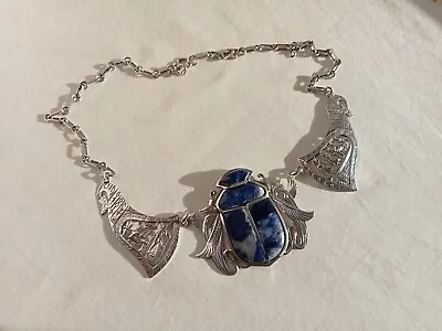 Vintage Egyptian Solid Silver Lapis Lazuli Scarab Necklace • £125